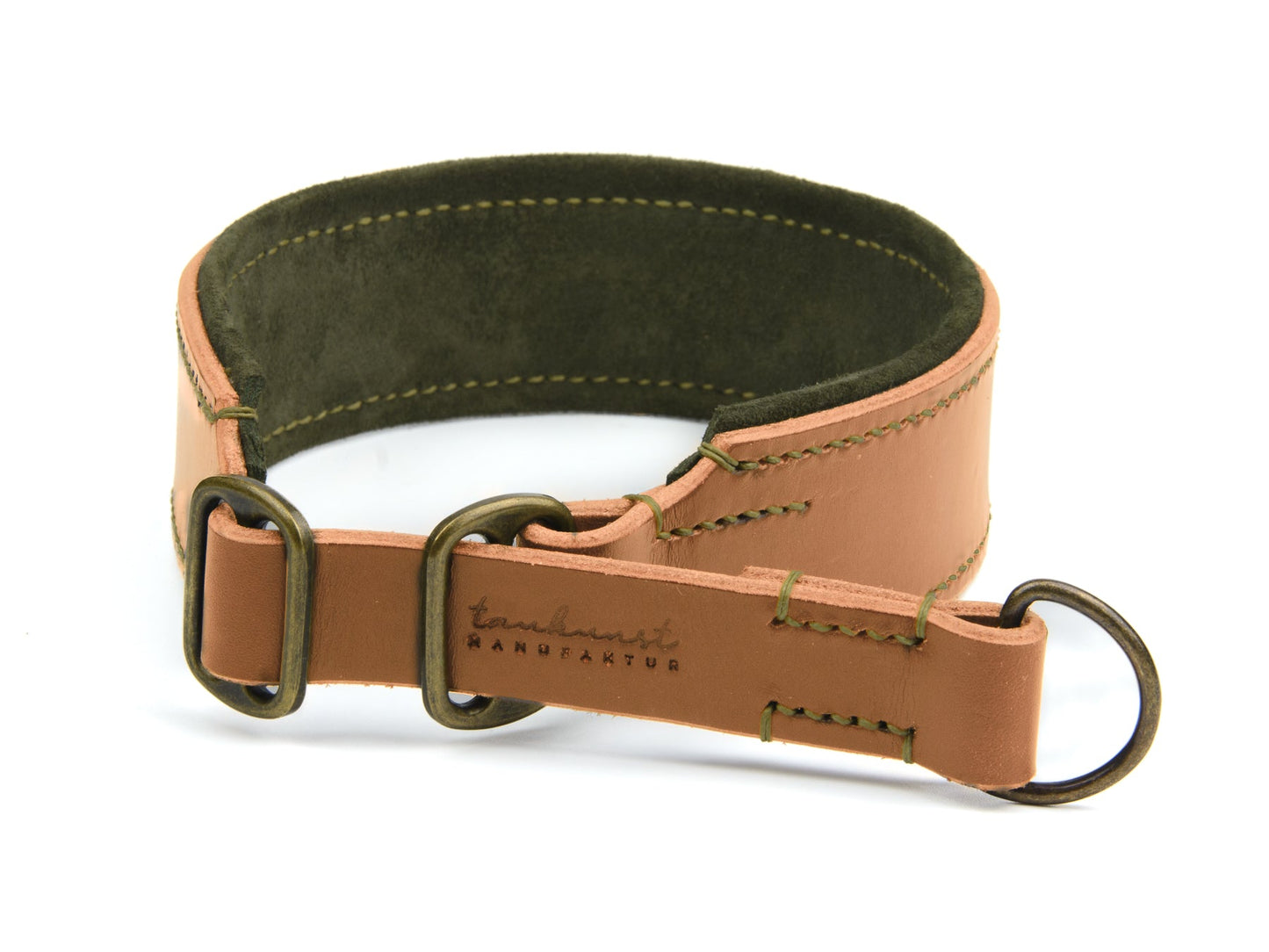 Breites Zugstopp Lederhalsband Fiona für Hunde in cognac mit Sattlernaht gepolstert Oliv Vintage