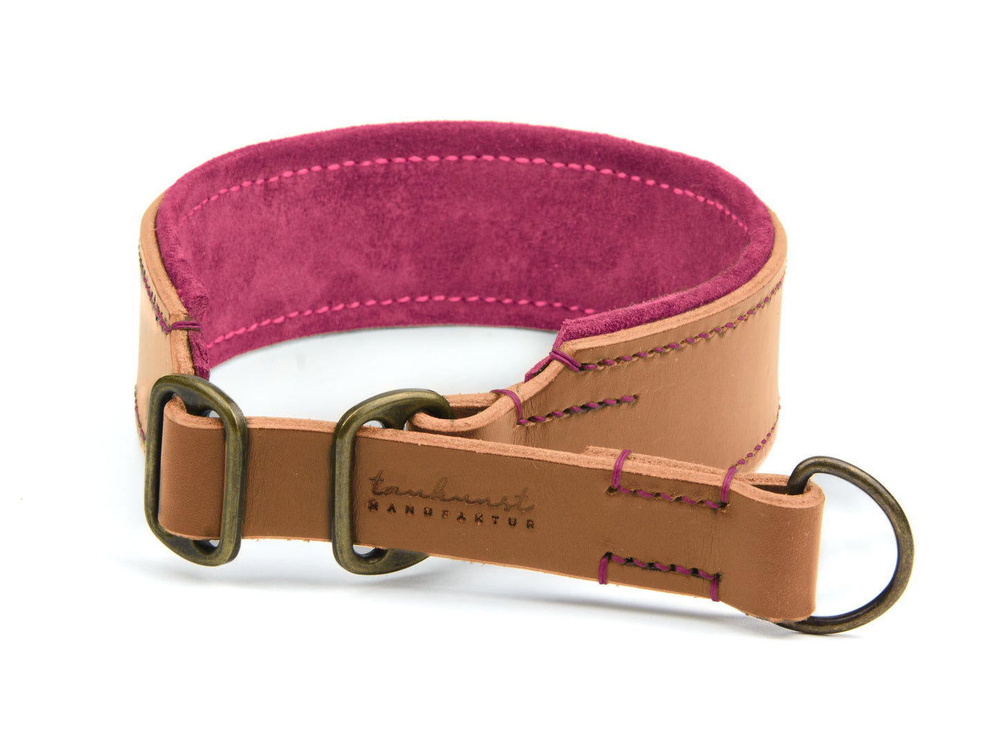Breites Zugstopp Lederhalsband Fiona für Hunde in cognac mit Sattlernaht gepolstert Pink Vintage