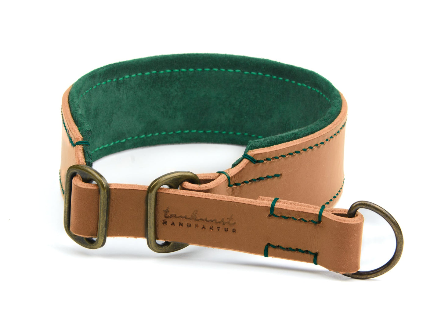 Breites Zugstopp Lederhalsband Fiona für Hunde in cognac mit Sattlernaht gepolstert Waldgrün Vintage