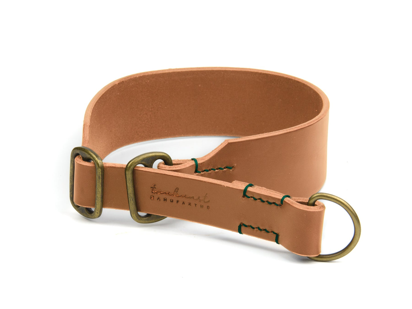 Breites Zugstopp Lederhalsband Fiona für Hunde in Cognac mit Sattlernaht Waldgrün Vintage