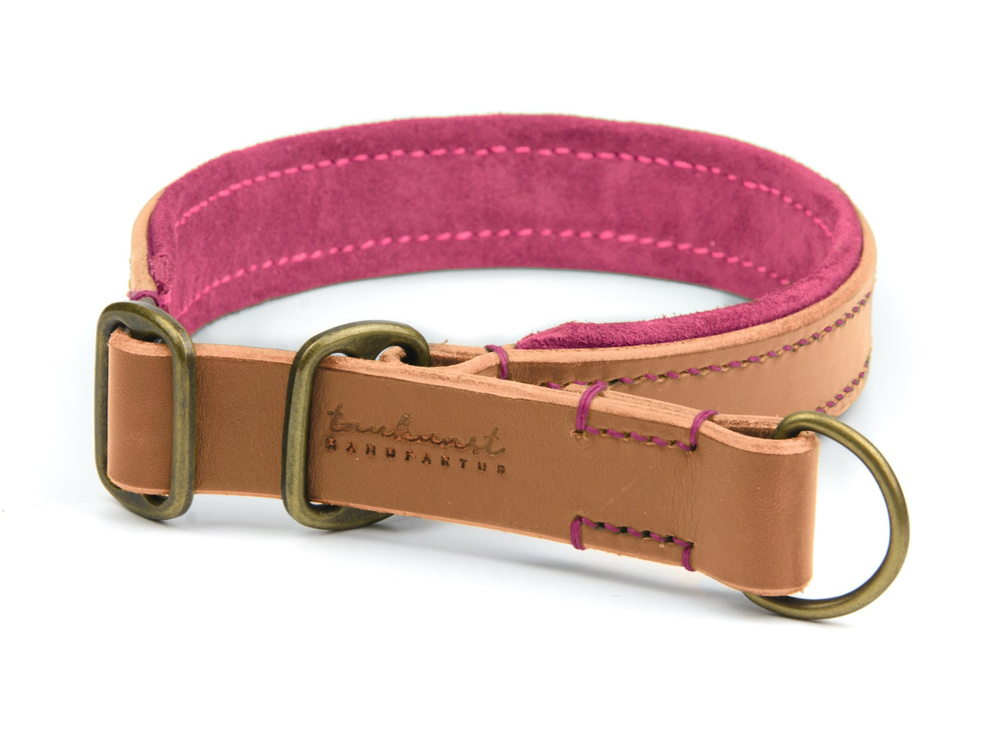 Zugstopp Lederhalsband Fiona für Hunde in Cognac mit Sattlernaht Pink Vintage