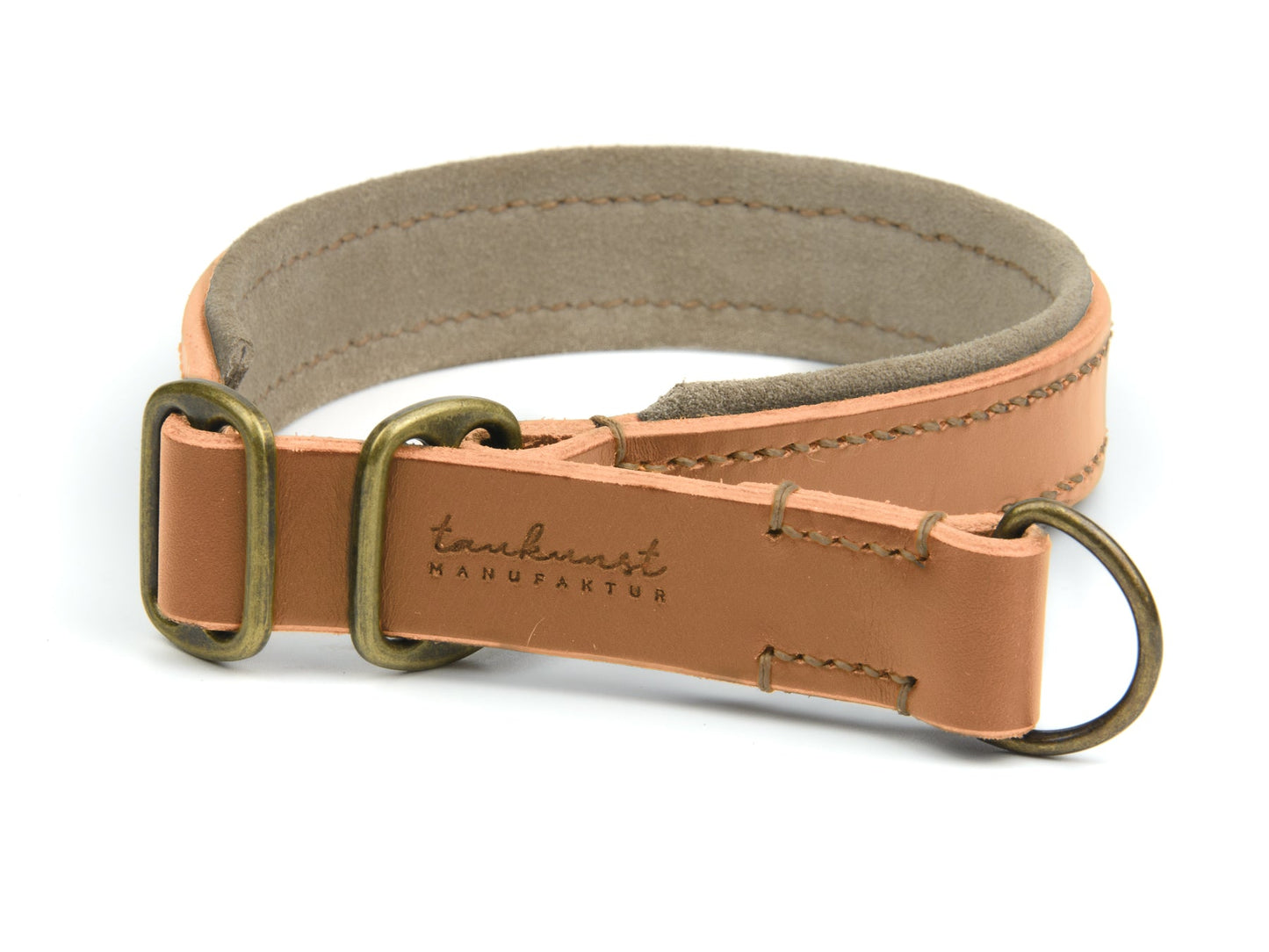 Zugstopp Lederhalsband Fiona für Hunde in Cognac mit Sattlernaht Beige Vintage