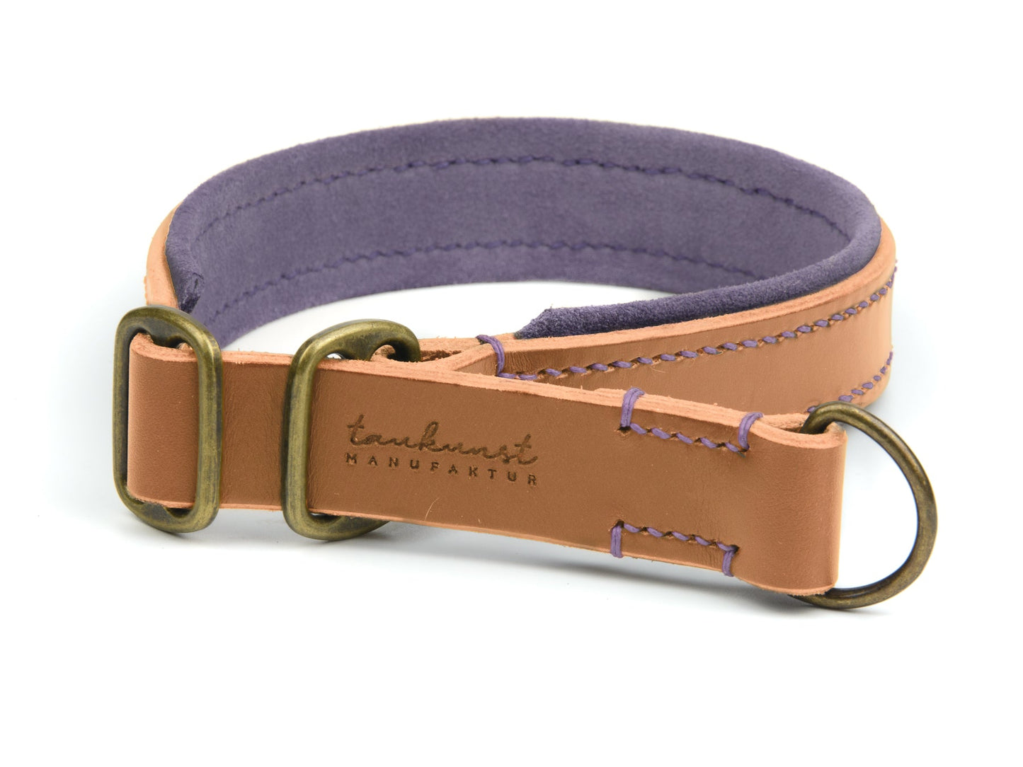 Zugstopp Lederhalsband Fiona für Hunde in Cognac mit Sattlernaht Lavendel Vintage