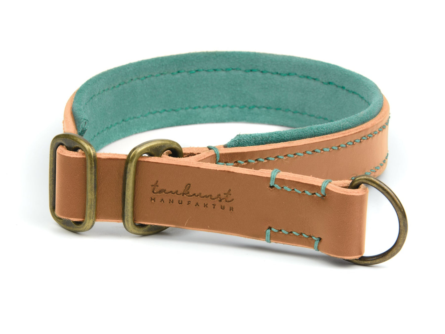 Zugstopp Lederhalsband Fiona für Hunde in Cognac mit Sattlernaht Mint Vintage