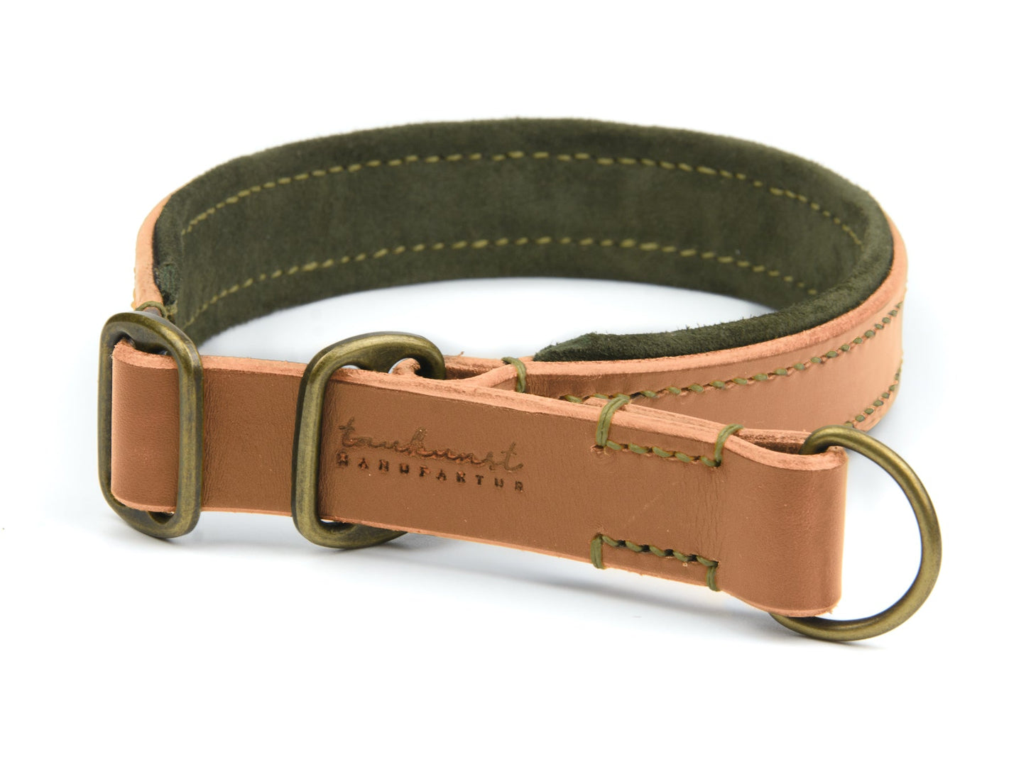 Zugstopp Lederhalsband Fiona für Hunde in Cognac mit Sattlernaht Oliv Vintage
