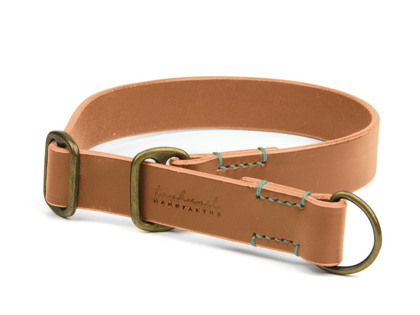 Zugstopp Lederhalsband Fiona für Hunde in Cognac mit Sattlernaht in Mint Vintage