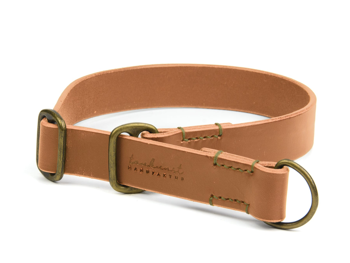 Zugstopp Lederhalsband Fiona für Hunde in Cognac mit Sattlernaht in Oliv Vintage