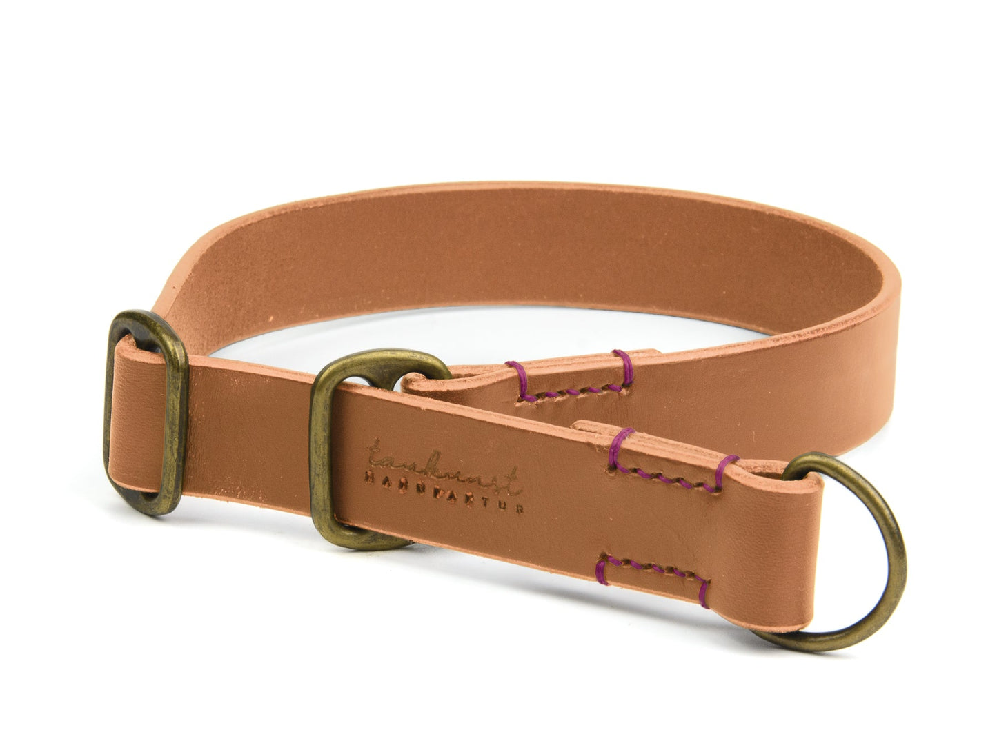 Zugstopp Lederhalsband Fiona für Hunde in Cognac mit Sattlernaht in Pink Vintage