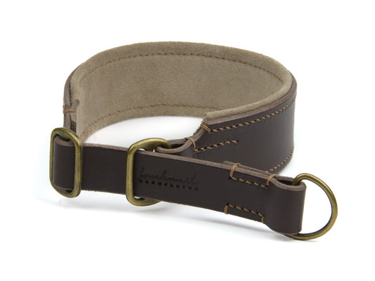 Breites Zugstopp Lederhalsband Wilma für Hunde in dunkelbraun mit Sattlernaht gepolstert Beige Vintage