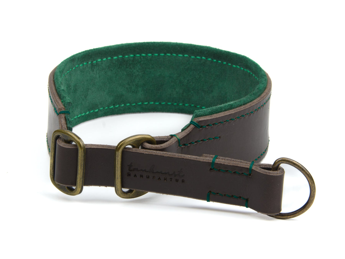 Breites Zugstopp Lederhalsband Wilma für Hunde in dunkelbraun mit Sattlernaht gepolstert Waldgrün Vintage