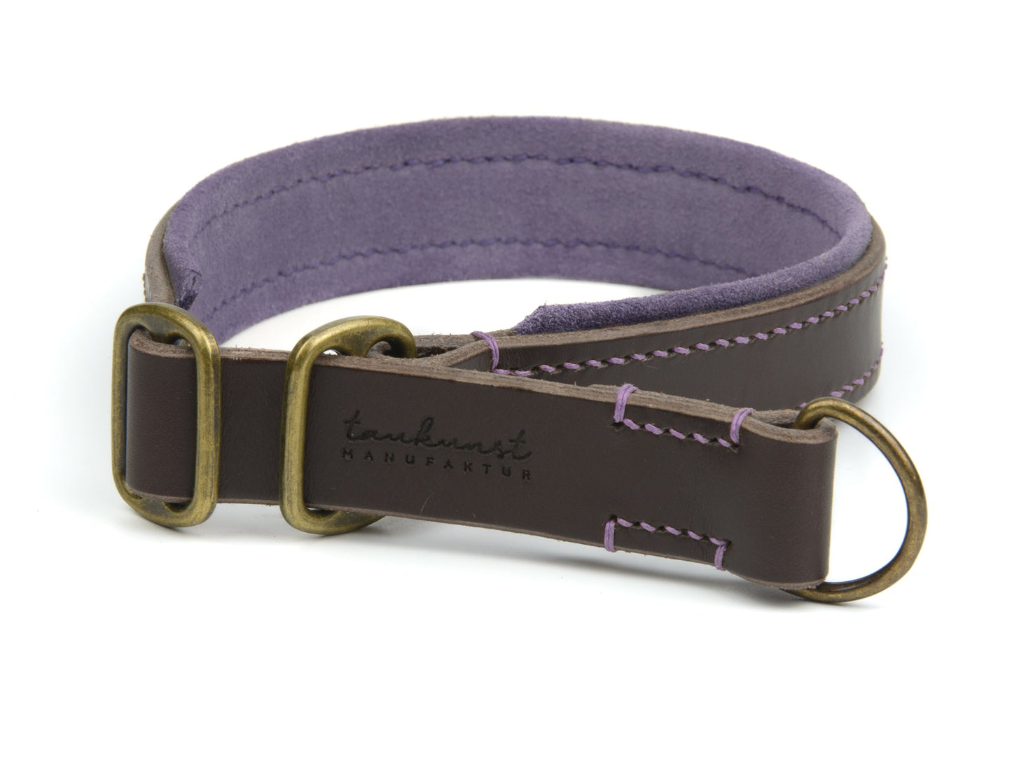 Zugstopp Lederhalsband Wilma für Hunde in Dunkelbraun mit Sattlernaht Lavendel Vintage