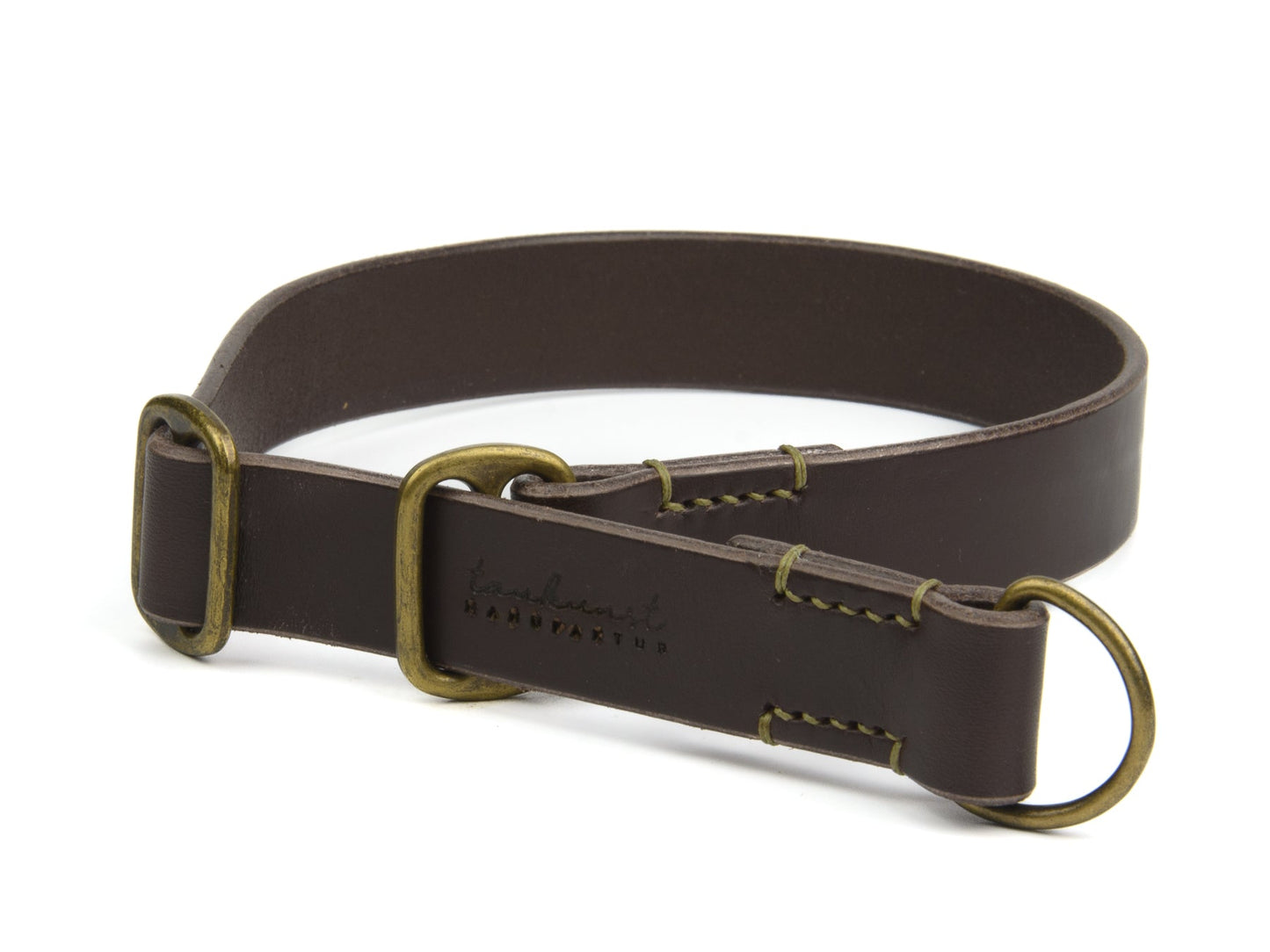 Zugstopp Lederhalsband Wilma für Hunde in Dunkelbraun mit Sattlernaht in Oliv Vintage