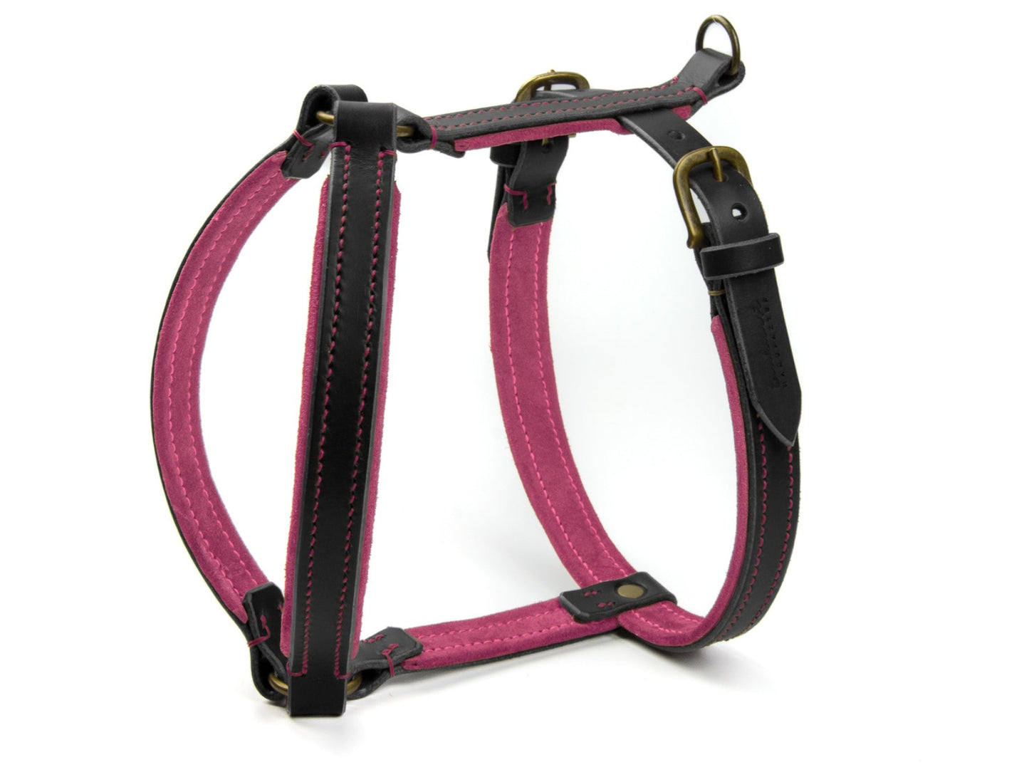 Gepolstertes Ledergeschirr Carla für Hunde in Schwarz mit Sattlernaht Wildleder Pink Vintage