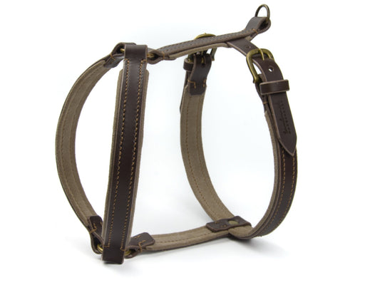 Gepolstertes Ledergeschirr Wilma für Hunde in Dunkelbraun mit Sattlernaht Wildleder Beige Vintage - Hundegeschirr