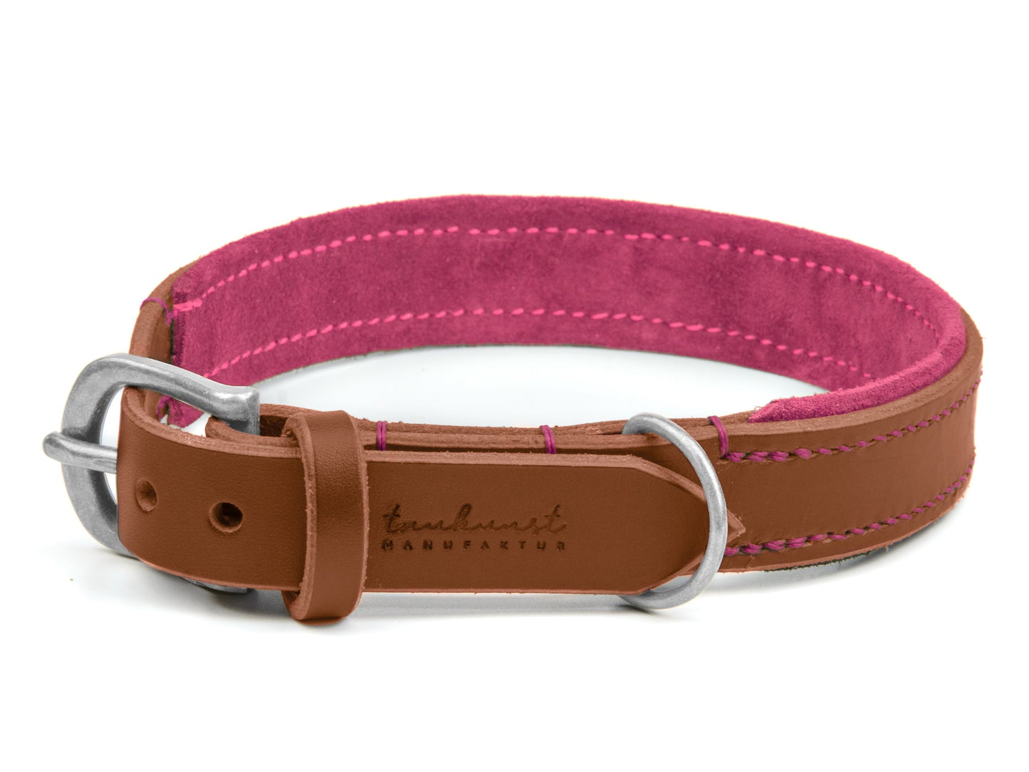 Lederhalsband Bella für Hunde in Braun mit Sattlernaht Pink Silber