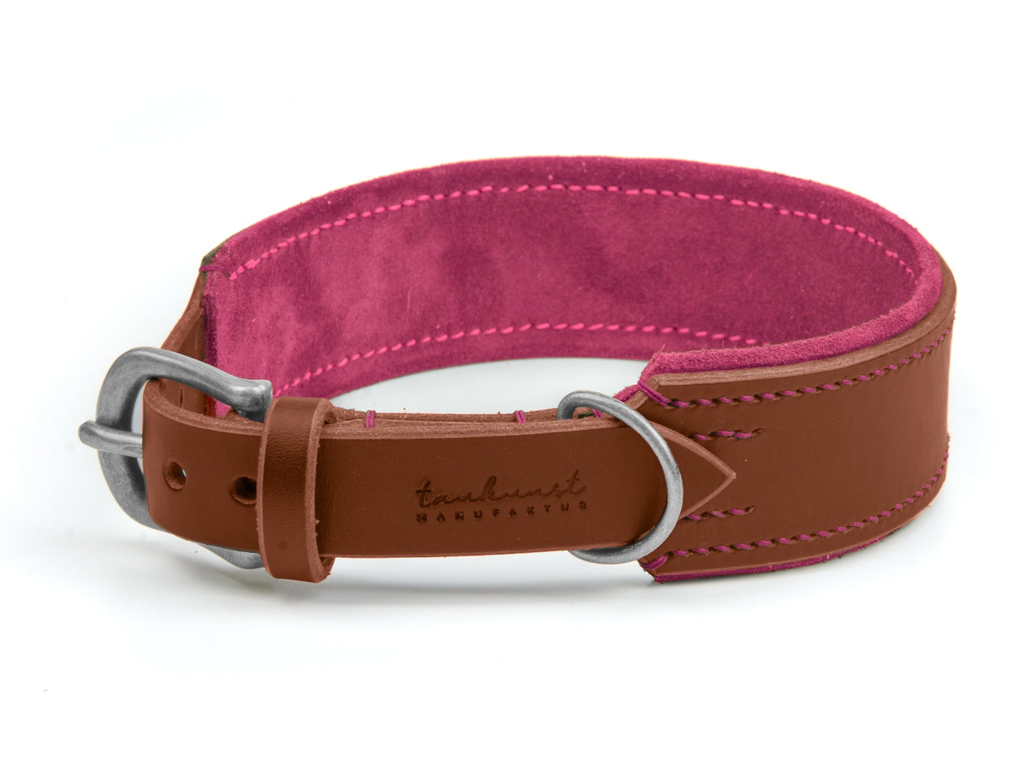 Breites Lederhalsband Bella für Hunde in Braun mit Sattlernaht Pink Silber