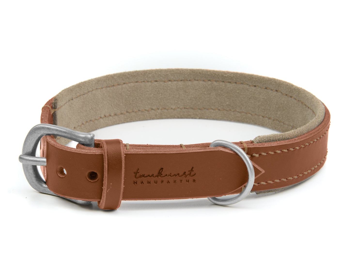 Lederhalsband Bella für Hunde in Braun mit Sattlernaht Beige Silber