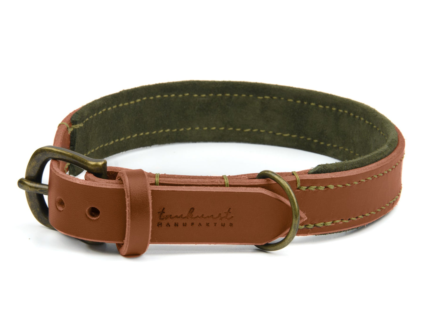 Lederhalsband Bella für Hunde in Braun mit Sattlernaht Oliv Vintage