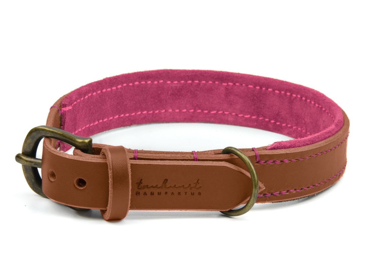Lederhalsband Bella für Hunde in Braun mit Sattlernaht Pink Vintage
