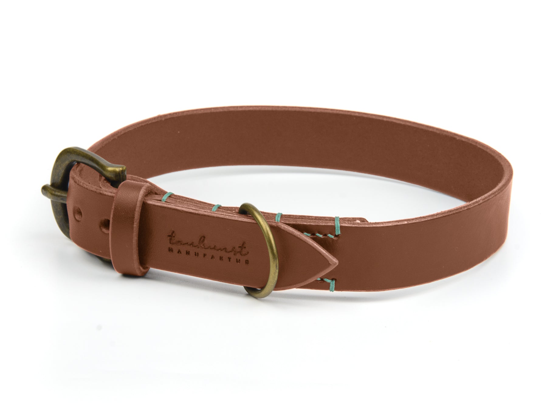 Lederhalsband Fiona für Hunde Cognac mit Sattlernaht in Mint Vintage