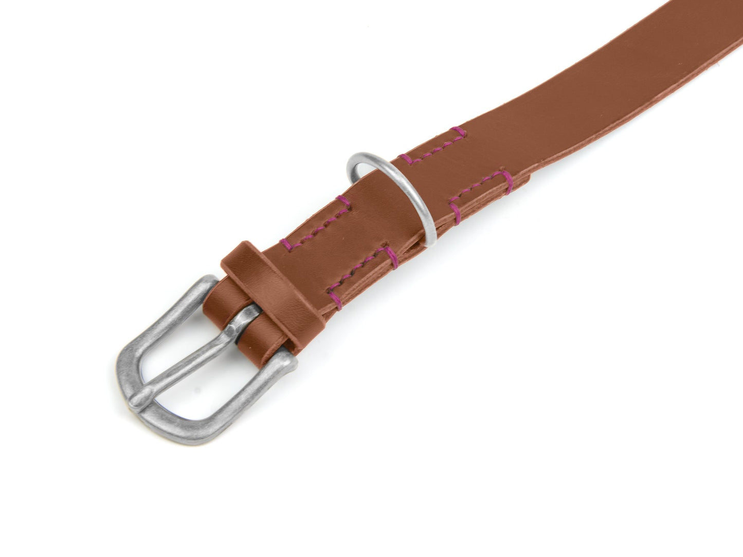 Lederhalsband Bella für Hunde Braun mit Sattlernaht in Pink Silber