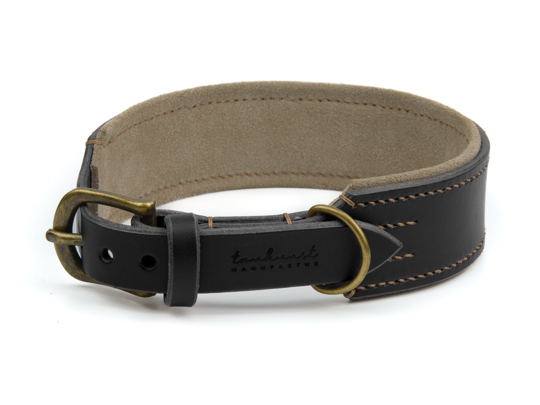 Breites Lederhalsband Carla für Hunde in Schwarz mit Sattlernaht Beige Vintage