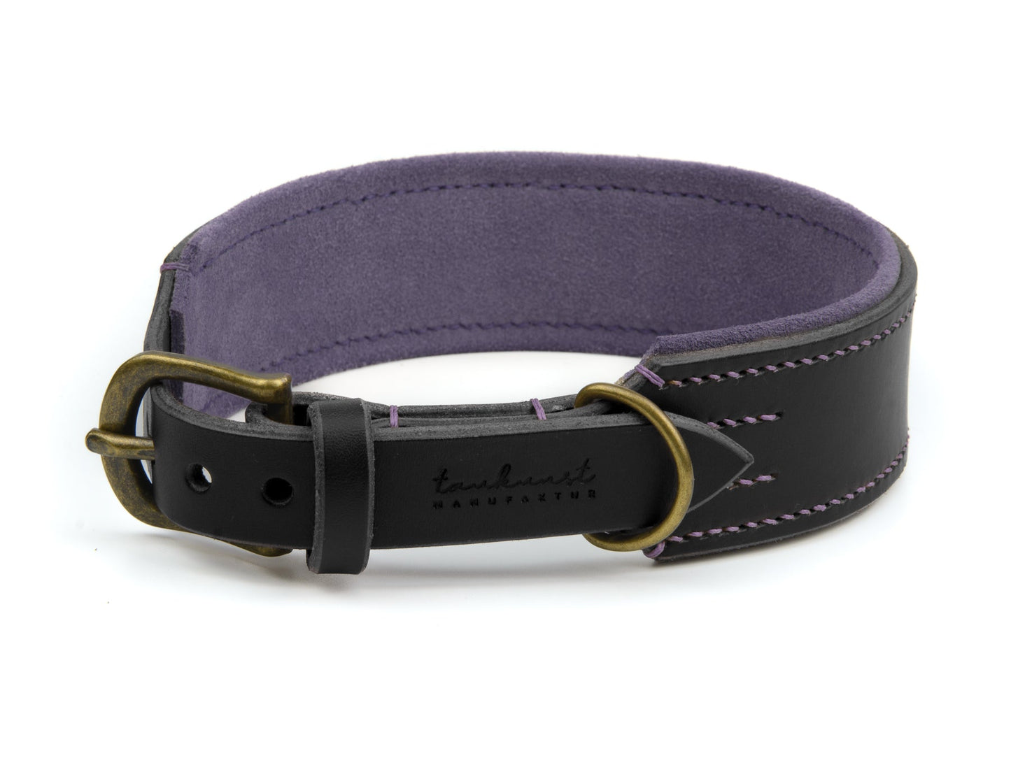 Breites Lederhalsband Carla für Hunde in Schwarz mit Sattlernaht Lavendel Vintage