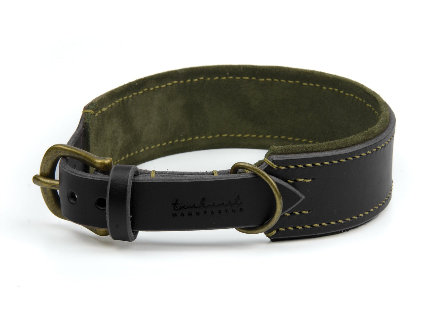 Breites Lederhalsband Carla für Hunde in Schwarz mit Sattlernaht Oliv Vintage
