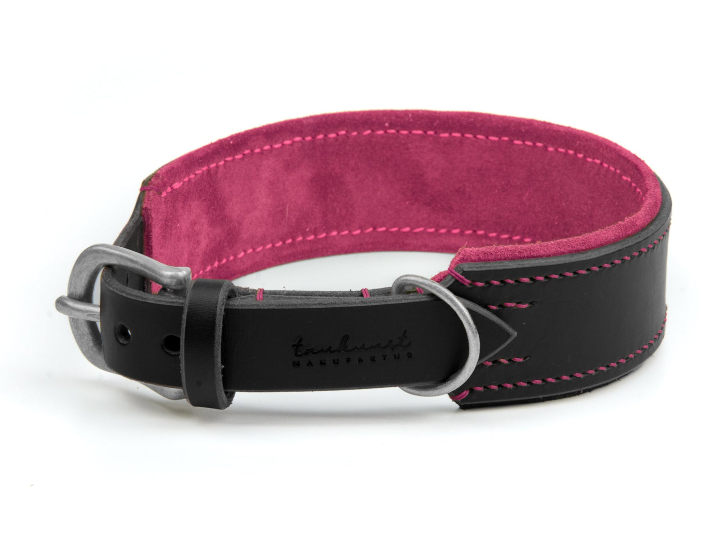 Breites Lederhalsband Carla für Hunde in Schwarz mit Sattlernaht Pink Silber