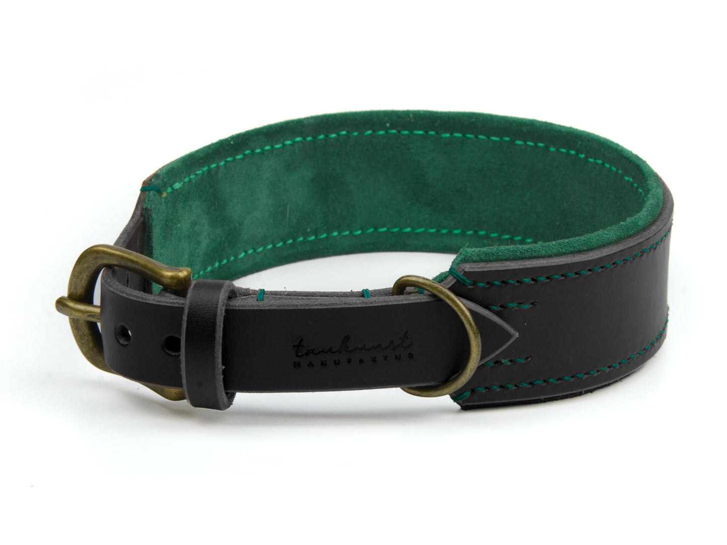 Breites Lederhalsband Carla für Hunde in Schwarz mit Sattlernaht Waldgrün Vintage