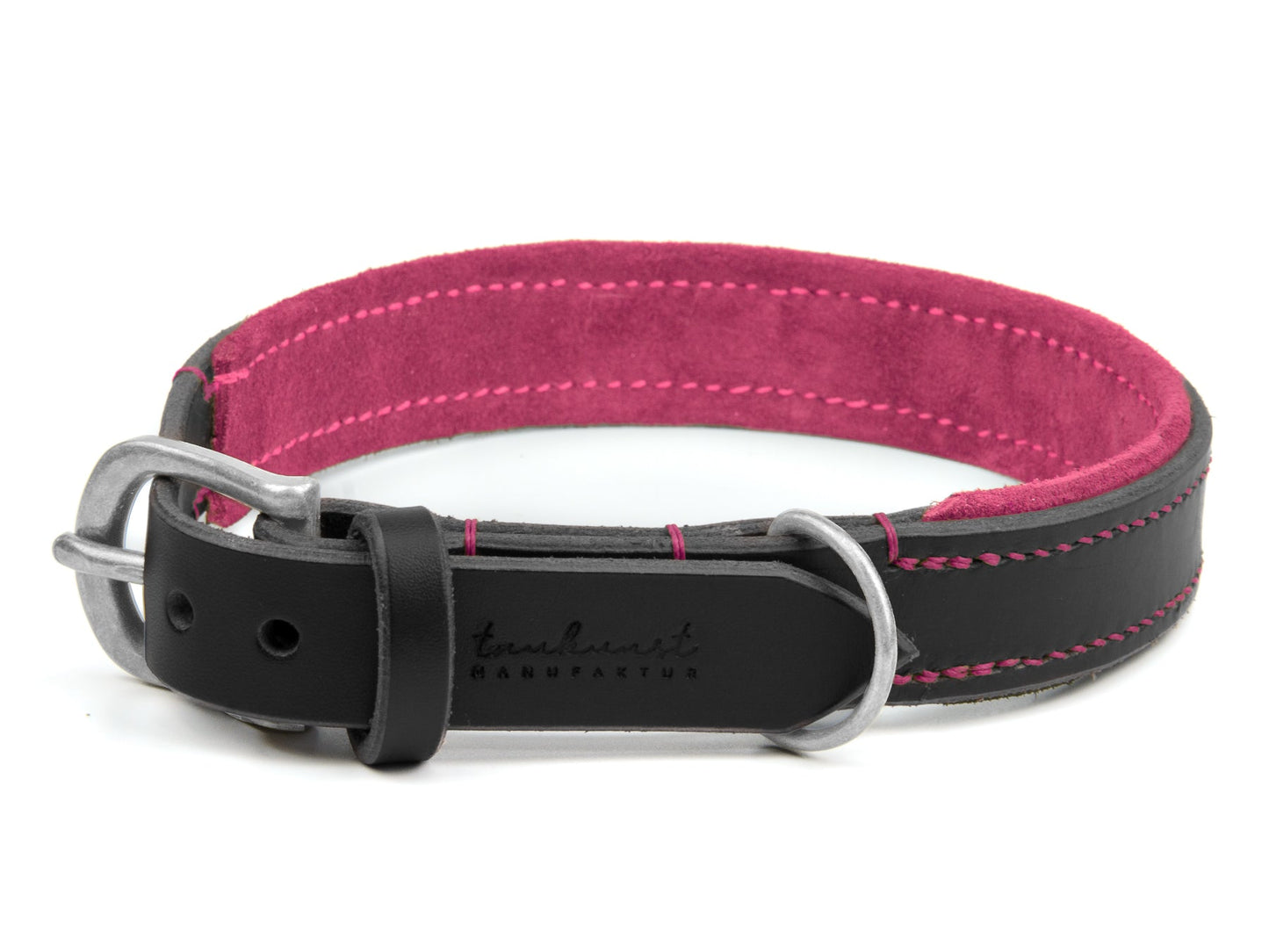 Lederhalsband Carla für Hunde in Schwarz mit Sattlernaht Pink Silber