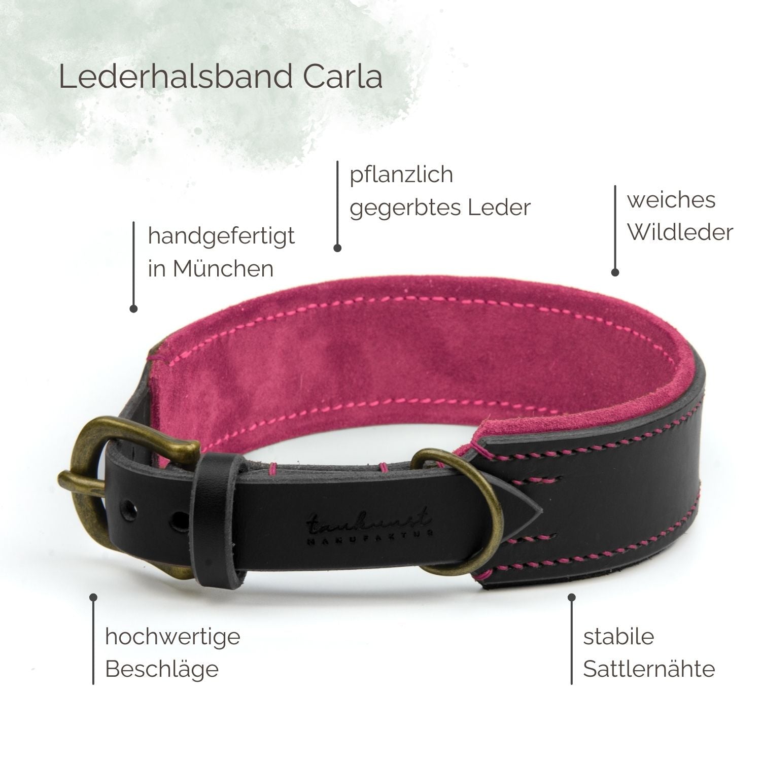 Breites Lederhalsband Carla für Hunde in Schwarz mit Sattlernaht Vintage Highlights