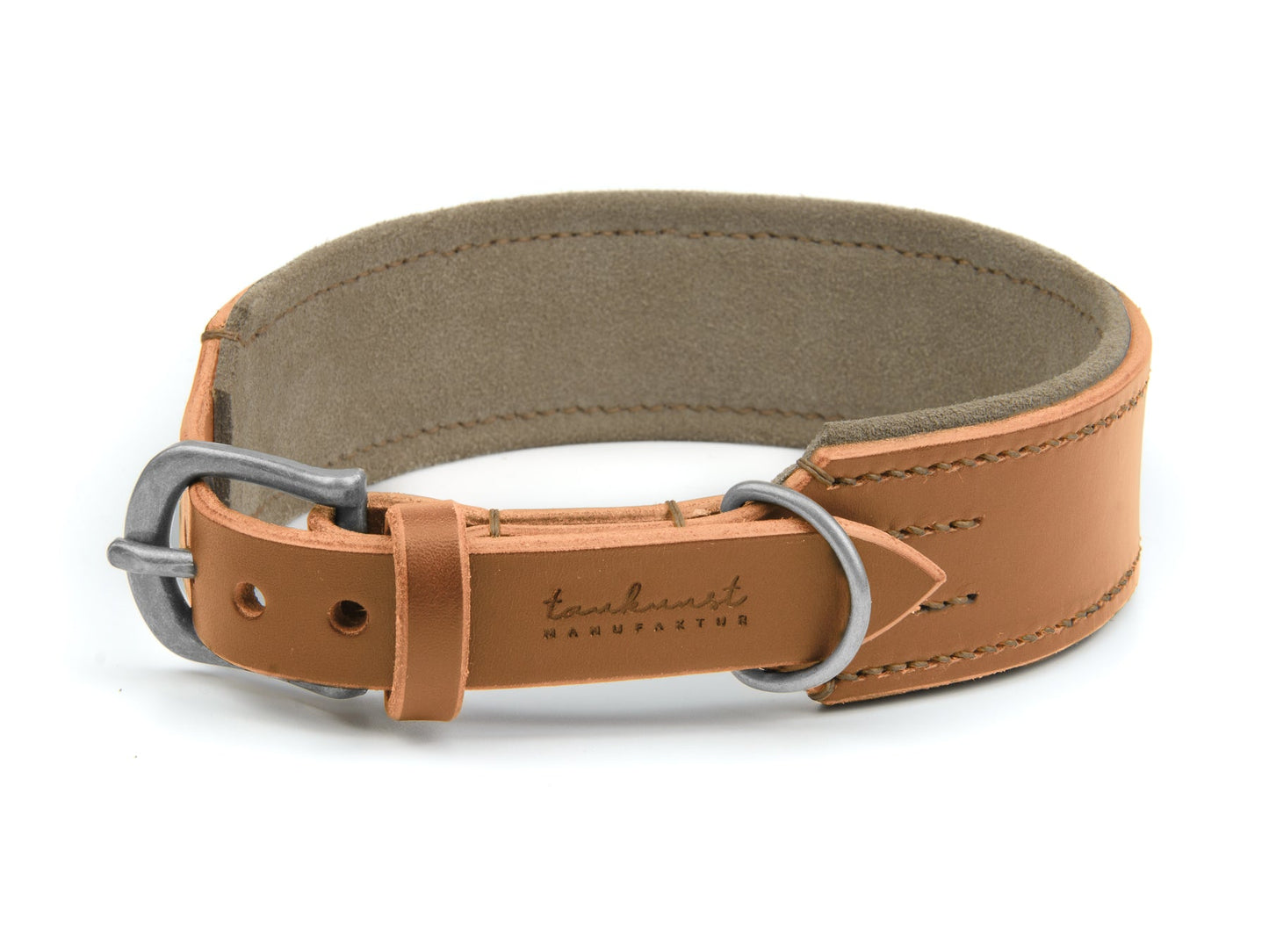 Breites Lederhalsband Fiona für Hunde in Cognac mit Sattlernaht Beige Silber