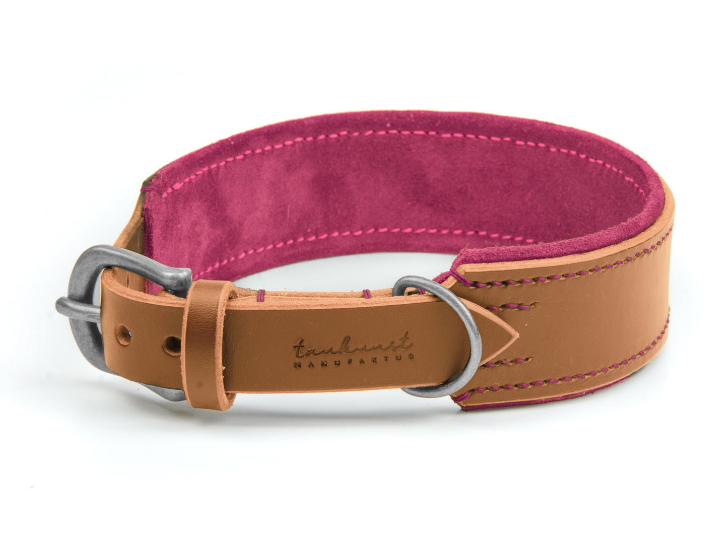 Breites Lederhalsband Fiona für Hunde in Cognac mit Sattlernaht Pink Silber