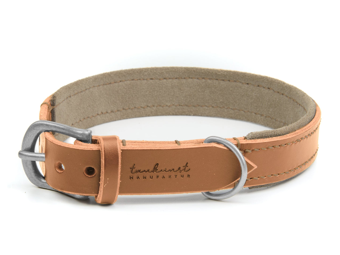 Lederhalsband Fiona für Hunde in Cognac mit Sattlernaht Beige Silber