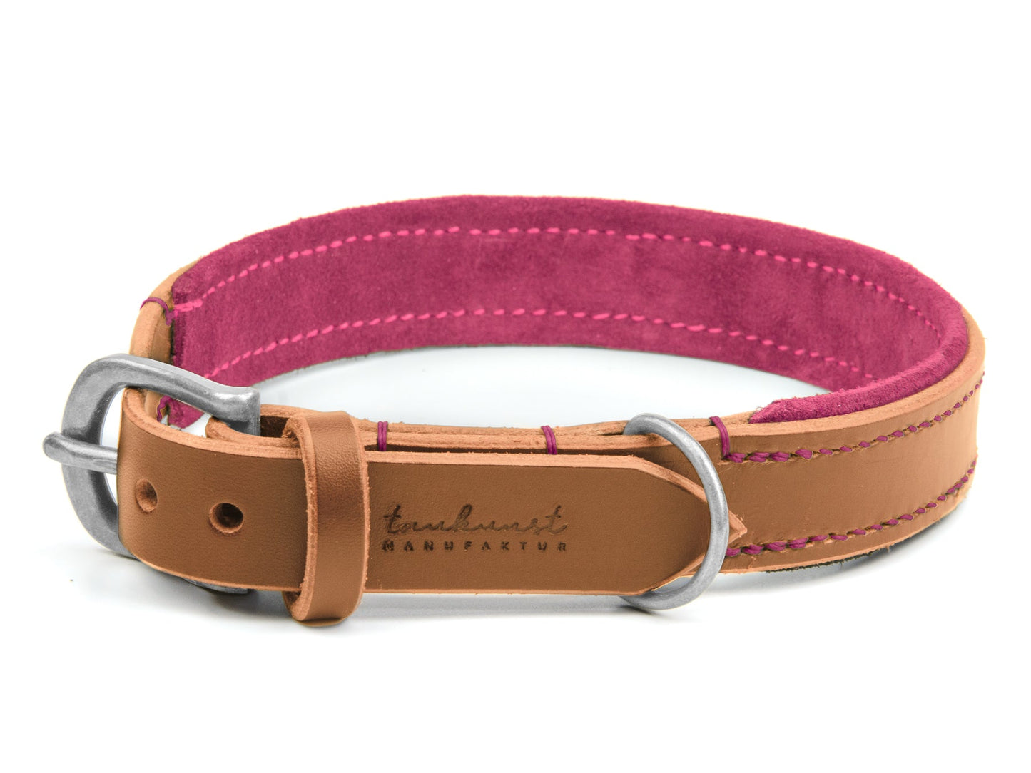 Lederhalsband Fiona für Hunde in Cognac mit Sattlernaht Pink Silber