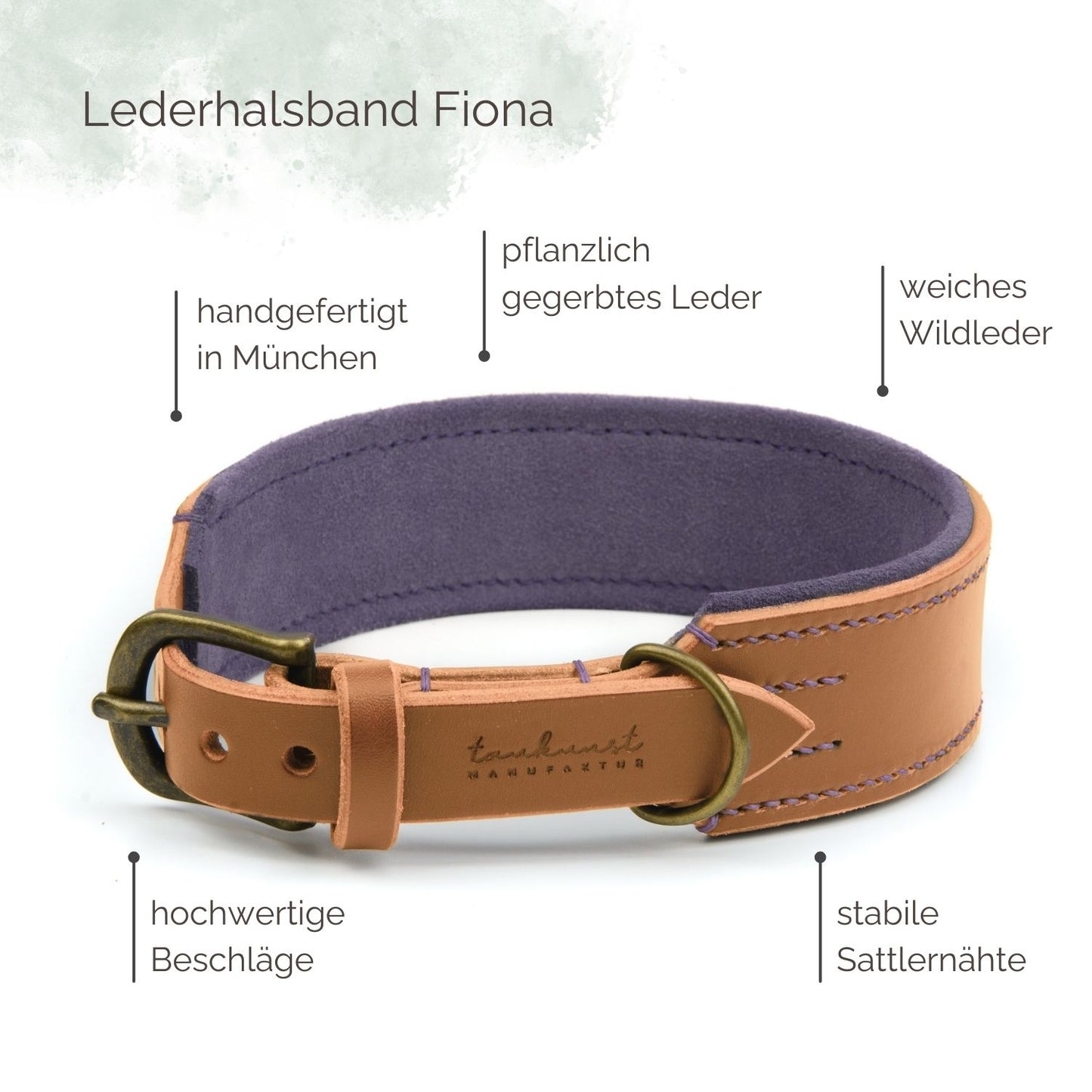 Breites Lederhalsband Fiona für Hunde in Cognac mit Sattlernaht Vintage Highlights