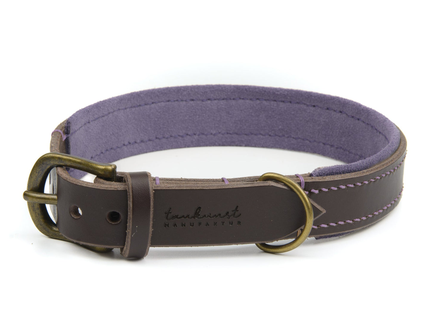 Lederhalsband Wilma für Hunde in Dunkelbraun mit Sattlernaht Lavendel Vintage