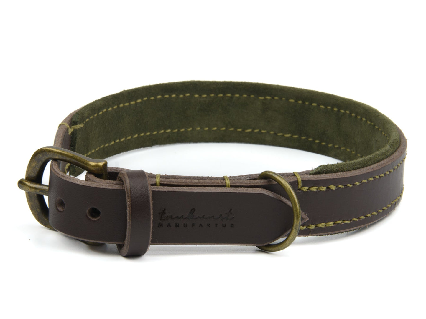 Lederhalsband Wilma für Hunde in Dunkelbraun mit Sattlernaht Oliv Vintage