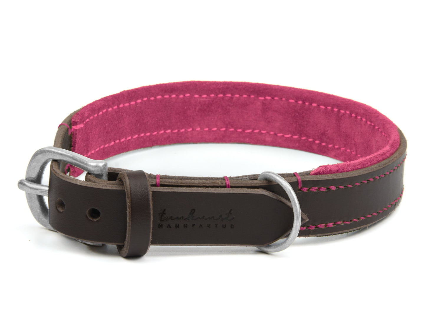 Lederhalsband Wilma für Hunde in Dunkelbraun mit Sattlernaht Pink Silber