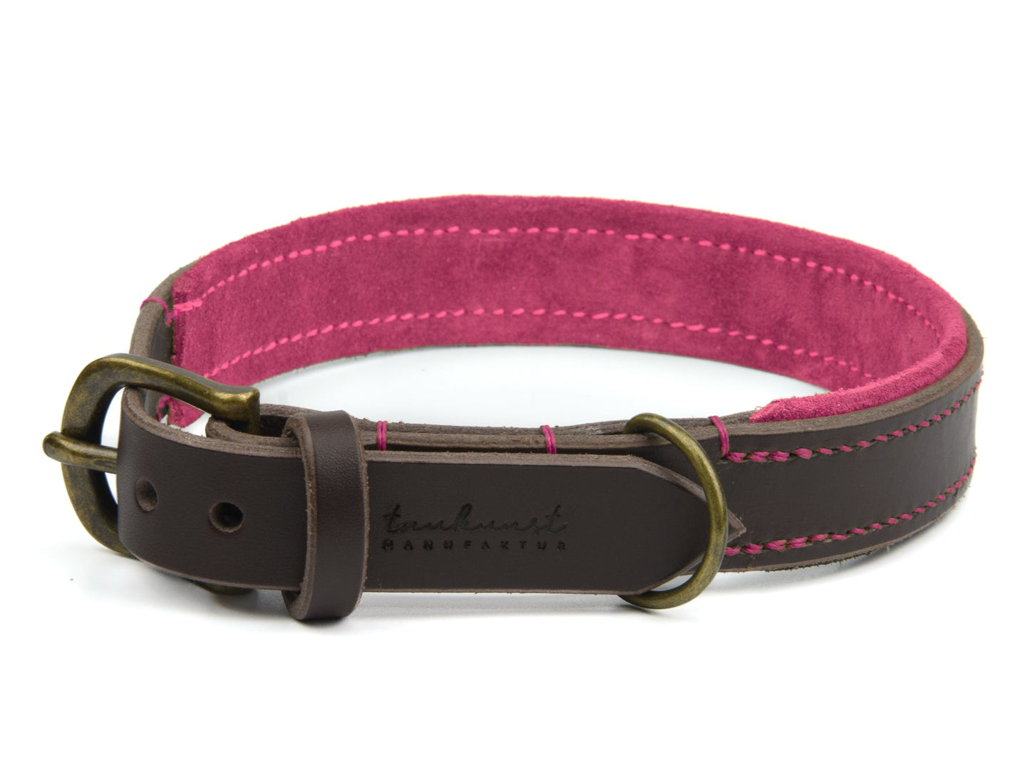 Lederhalsband Wilma für Hunde in Dunkelbraun mit Sattlernaht Pink Vintage