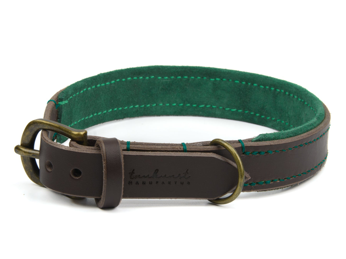 Lederhalsband Wilma für Hunde in Dunkelbraun mit Sattlernaht Waldgrün Vintage