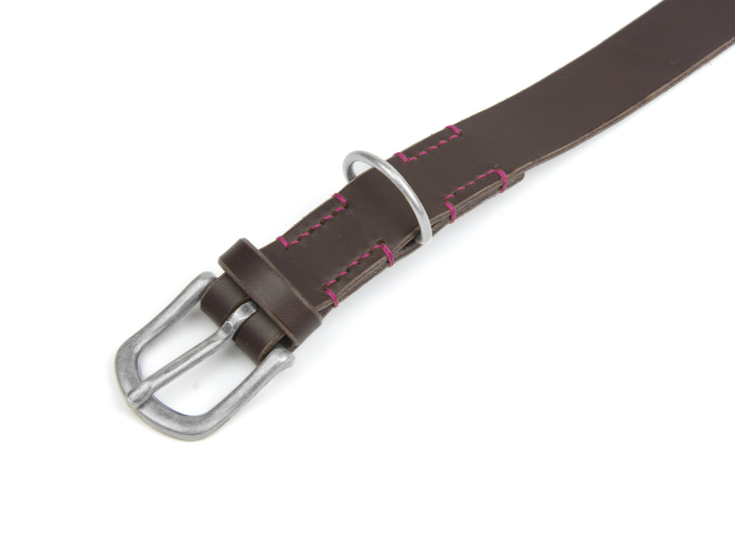 Lederhalsband Wilma für Hunde Dunkelbraun mit Sattlernaht in Pink Silber