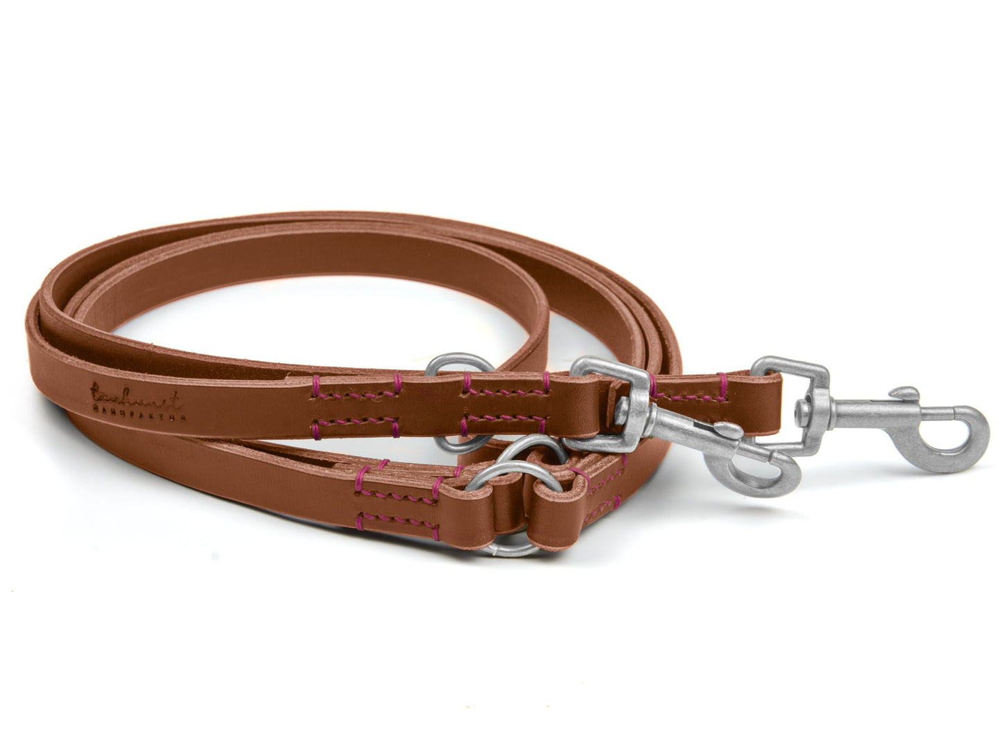 Lederleine Bella für Hunde Braun mit Sattlernaht in Pink Silber