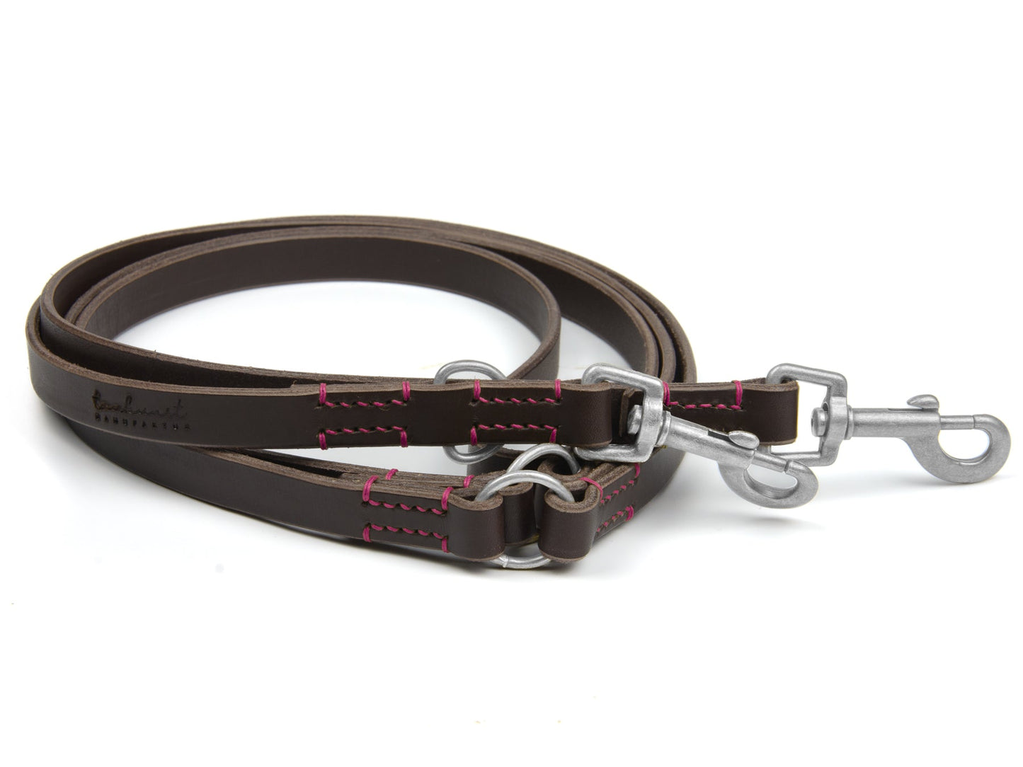 Lederleine Wilma für Hunde Dunkelbraun mit Sattlernaht in Pink Silber