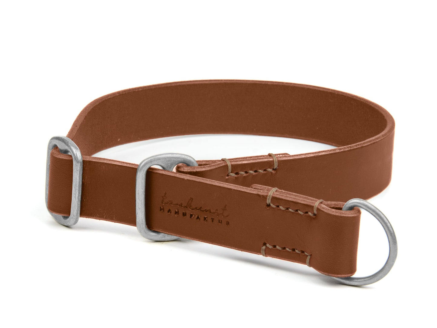 Zugstopp Lederhalsband Bella für Hunde in Braun mit Sattlernaht in Beige Silber