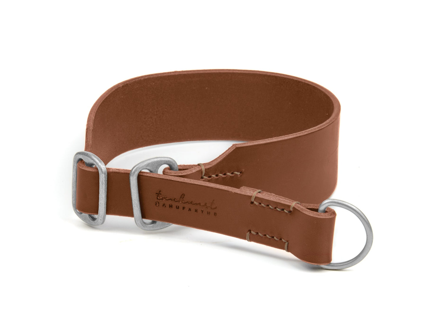 Breites Zugstopp Lederhalsband Bella für Hunde in Braun mit Sattlernaht Beige Silber