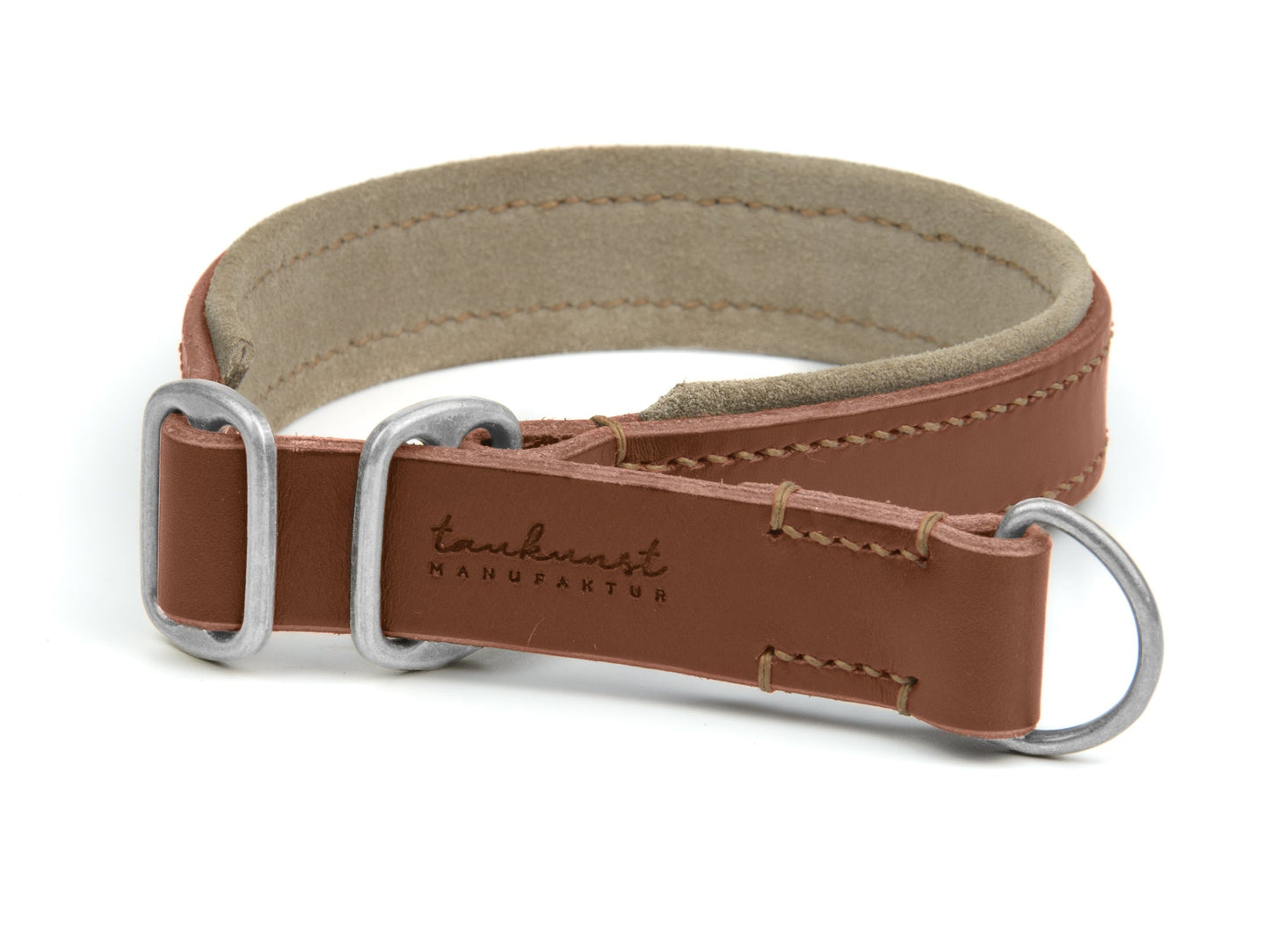 Zugstopp Lederhalsband Bella für Hunde in Braun mit Sattlernaht Beige Silber