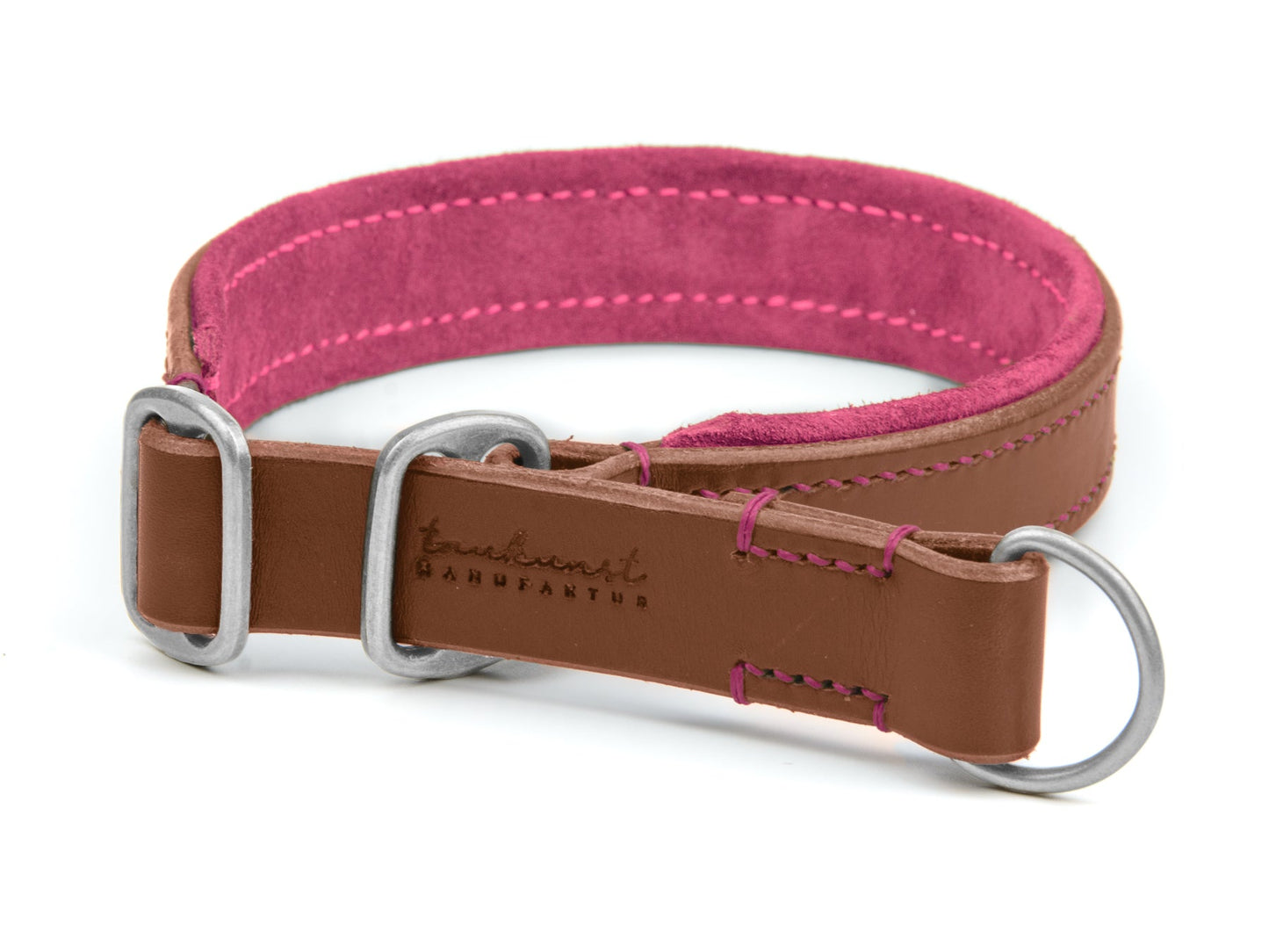 Zugstopp Lederhalsband Bella für Hunde in Braun mit Sattlernaht Pink Silber