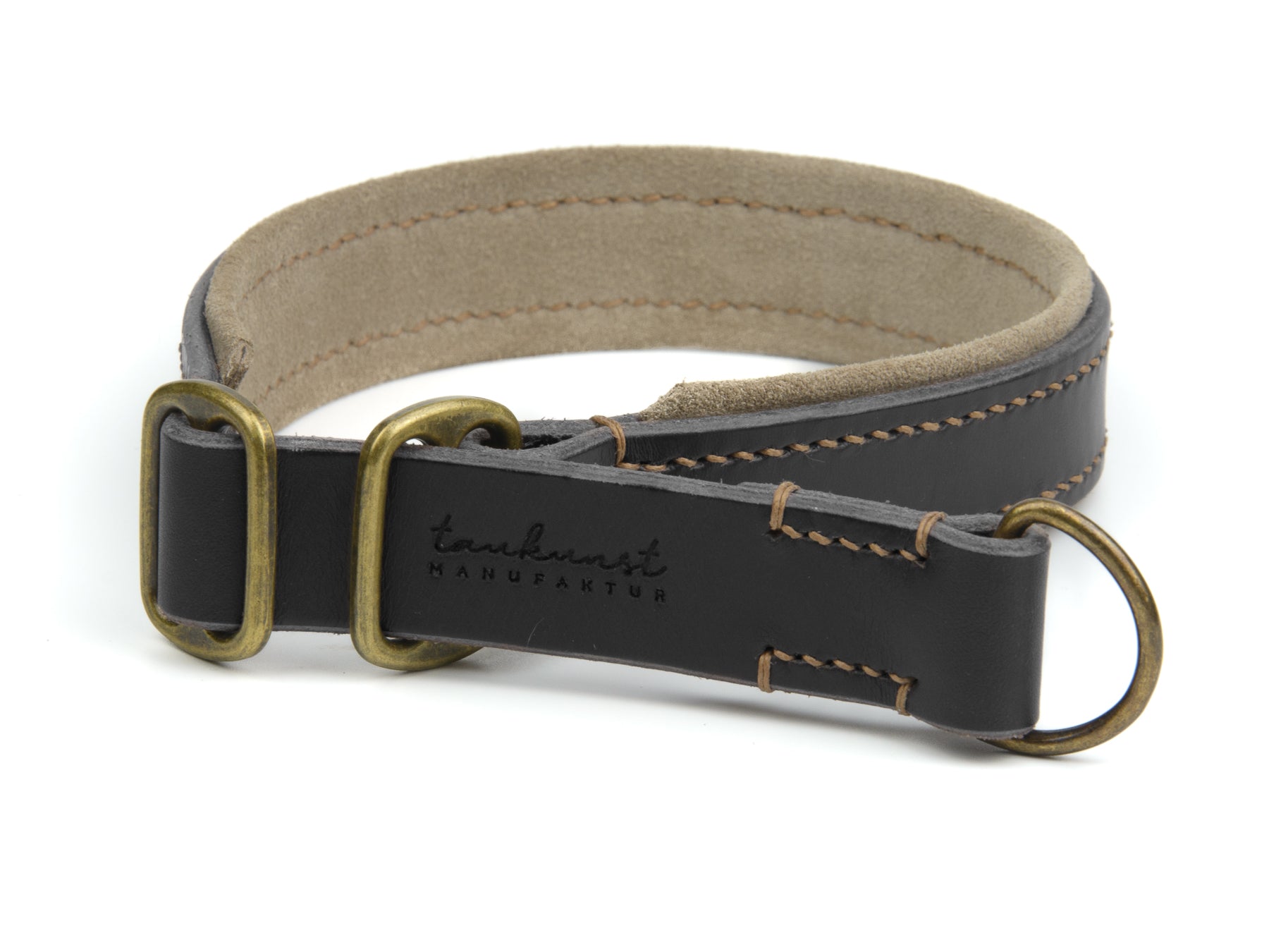 Zugstopp Lederhalsband Carla für Hunde in Dunkelbraun mit Sattlernaht Beige Vintage